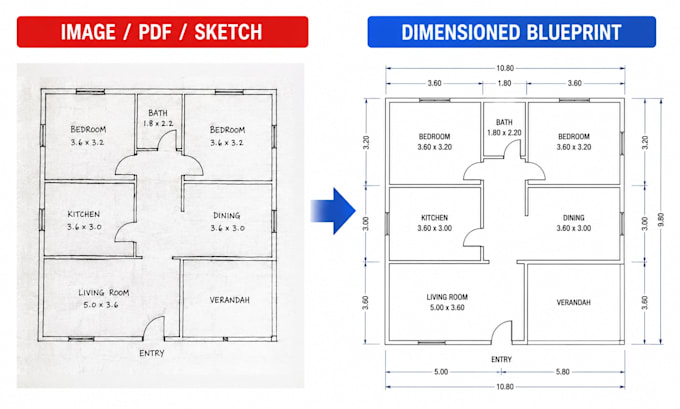 redraw flor plan from image pdf sketch with dimensioned blueprint
