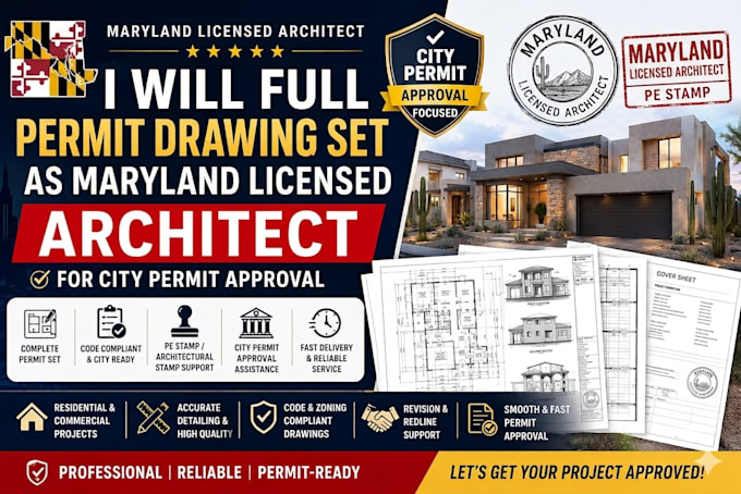 full permit drawing set as maryland licensed architect for city permit approval