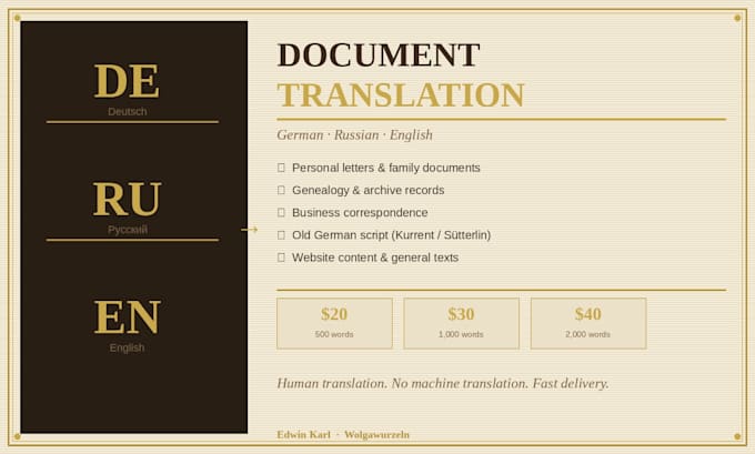 translate german and russian documents, especially genealogy