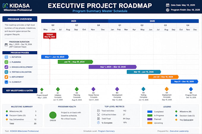 create an executive project roadmap and master schedule