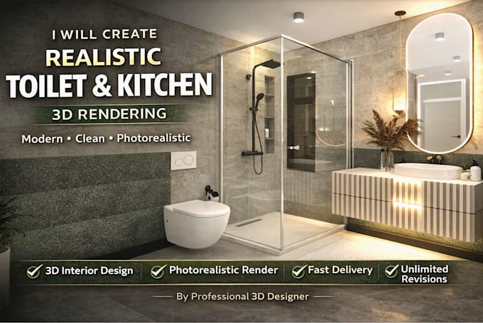 design a modern bathroom interior and create photorealistic 3d renderings