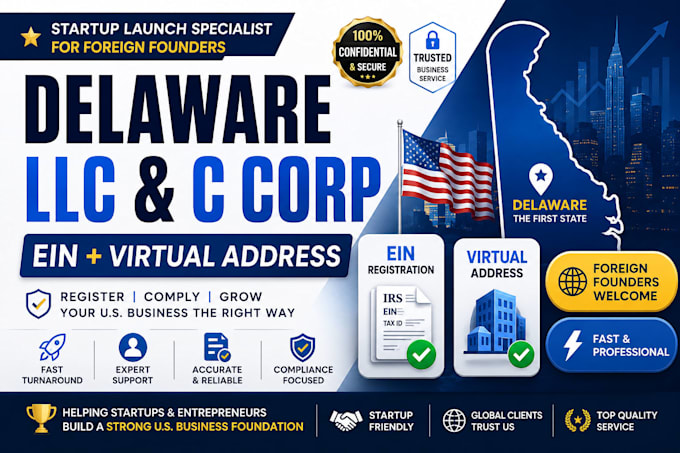 register delaware llc or c corp with ein and virtual address for startups