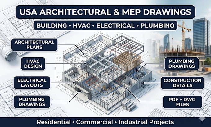 draw usa architectural mep engineering drawing for building construction project