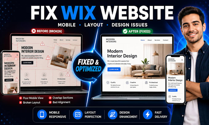 fix wix website, wix mobile responsiveness, broken layout and design issues fast