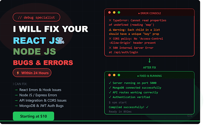 fix your react js or node js bug within 2 hours