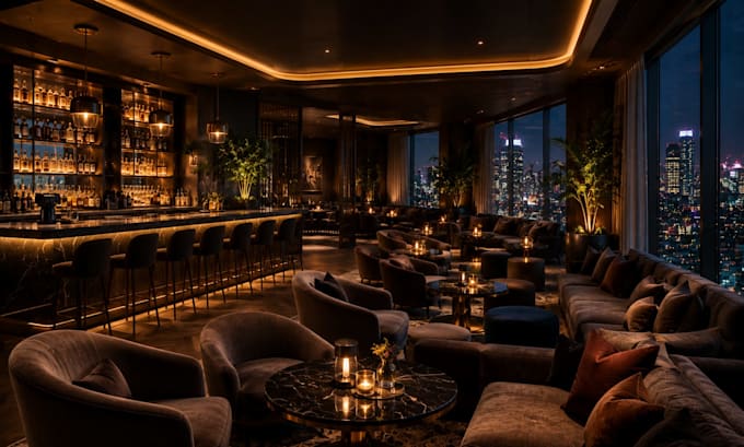 render restaurant, lounge, nightclub, rooftop bar cgi visualization