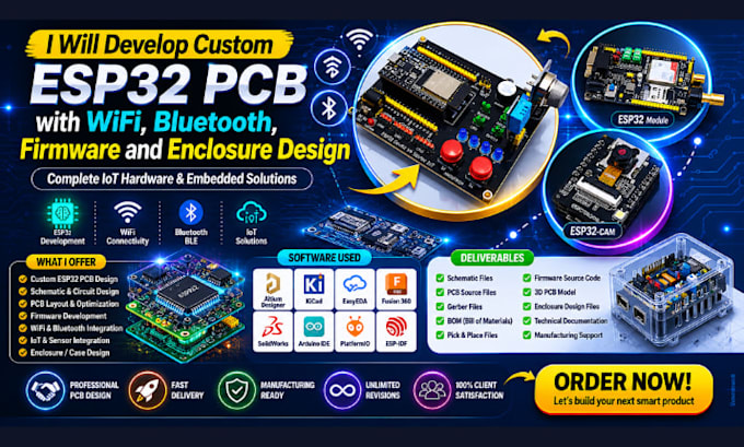 develop custom esp32 pcb with wifi, bluetooth, firmware and enclosure design