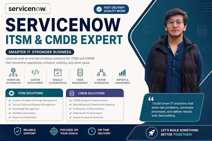 provide servicenow itsm, cmdb, spm, ham and workflow automation services