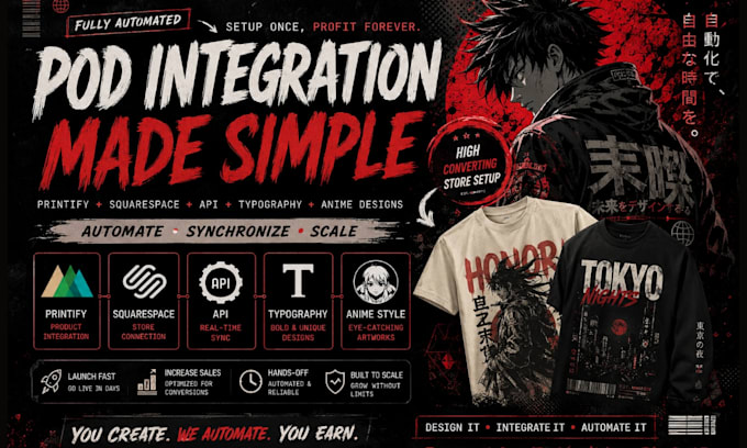 printify squarespace pod integration api typography vintage anime t shirt design