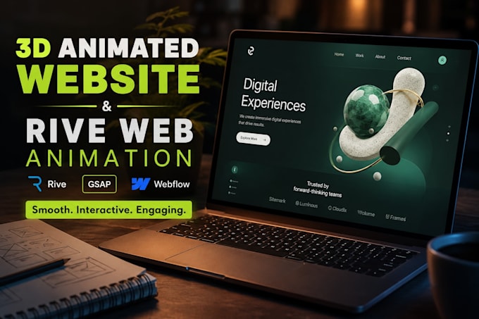 design 3d animated website and rive web animation