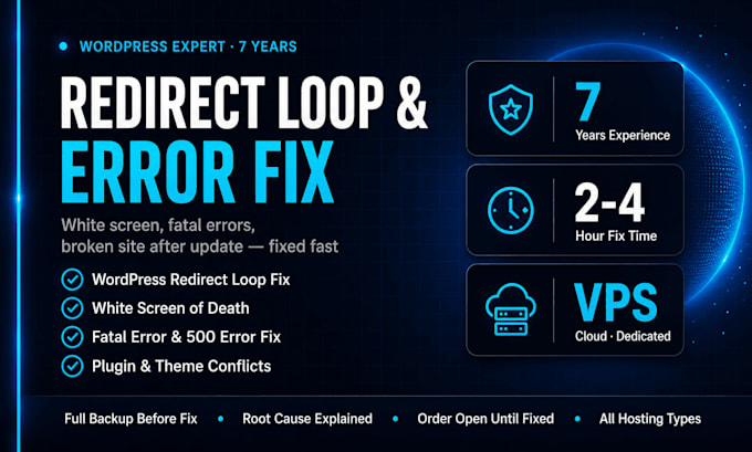 fix wordpress redirect loop, white screen and fatal errors fast