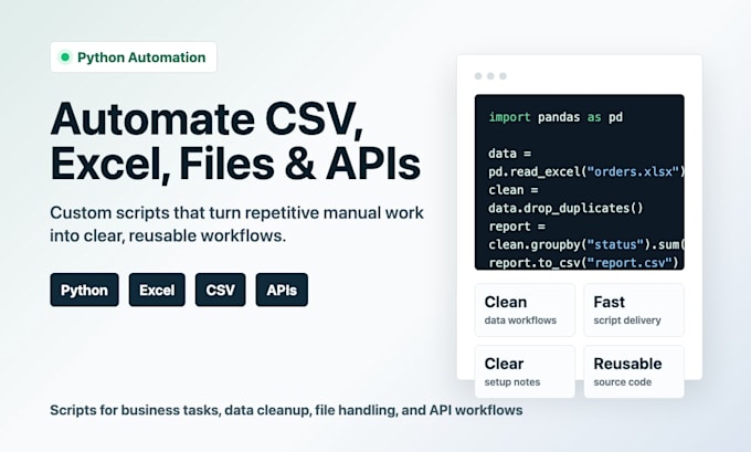 write a python automation script for csv excel files or apis