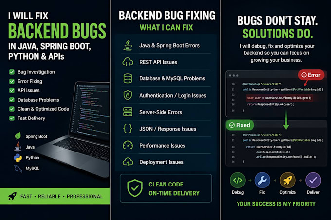 fix backend bugs in java spring boot, python and apis