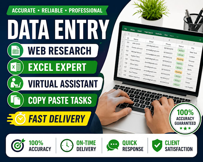 accurate data entry, web research, excel and virtual assistant tasks
