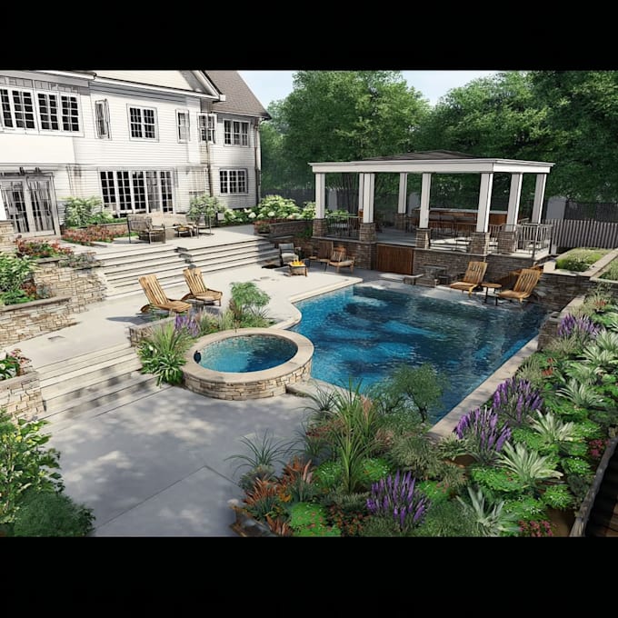 backyard landscape design, pool, garden as a landscape