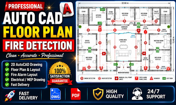 create professional autocad 2d drawings, and fire detection drawings