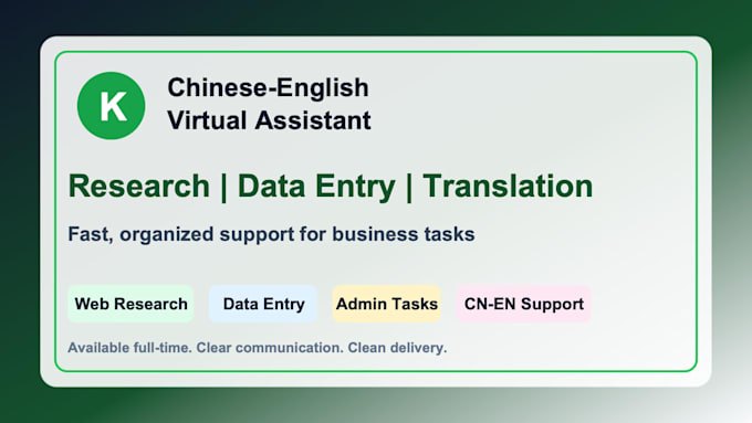 be your chinese english virtual assistant for research and data entry