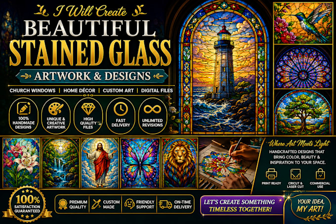 create stained glass art illustrations, mosaic logo, book covers window pattern