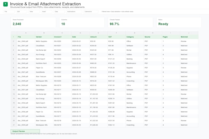 extract PDF email invoice data into excel or google sheets