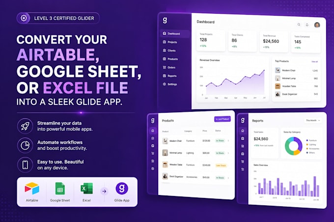 create professional glide webapp with airtable, excel, google sheet integration