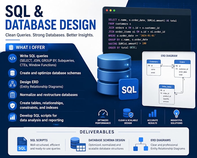 do sql queries, database design, erd model