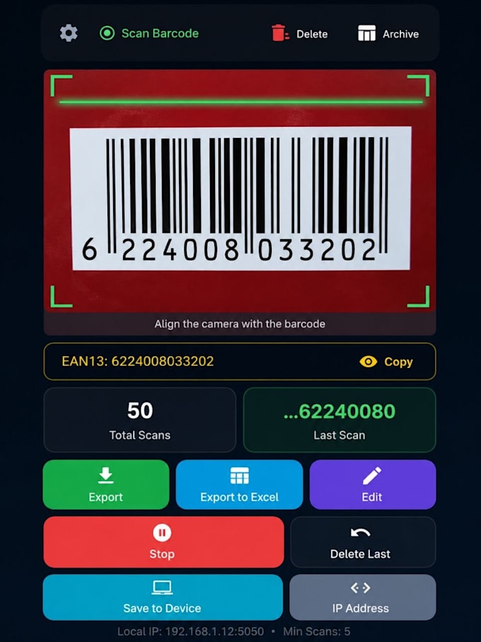 provide an ocr, qr, barcode and pdf417 scanner app with excel export