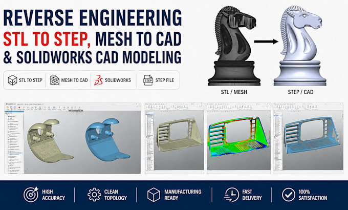 do reverse engineering stl to step, mesh to cad and solidworks cad modeling