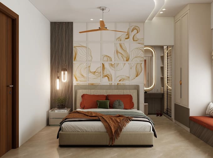 architectural 3d rendering and bedroom interior design and