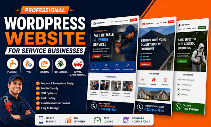 design wordpress website for plumber roofing hvac towing pest control business