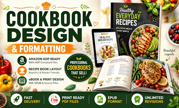 design cookbook, recipe book, cookbook formatting and amazon KDP ebook