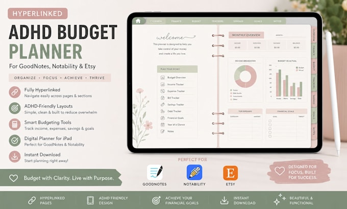 design hyperlinked digital adhd budget planner for goodnotes notability and etsy