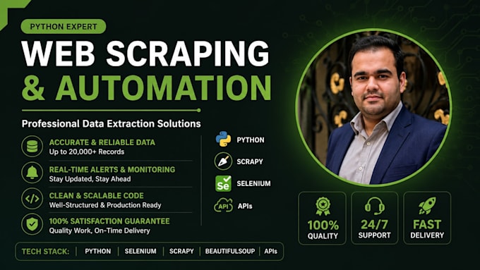 do python web scraping, scrapy, selenium and API extraction