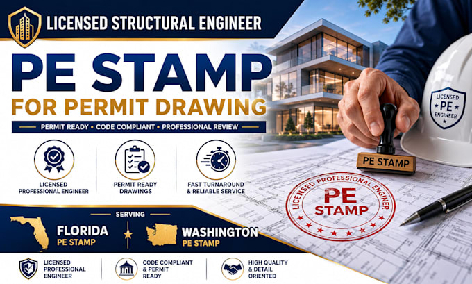 licensed structural engineer pe stamp for permit drawing in florida, washington