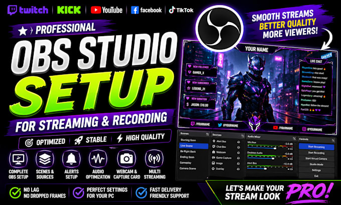 professionally setup obs studio for twitch kick and youtube streaming