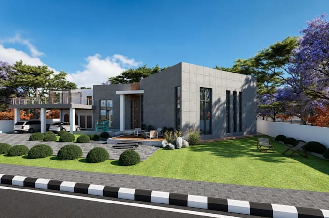 render villa house elevation drawing,modern facade, high end building cgi render