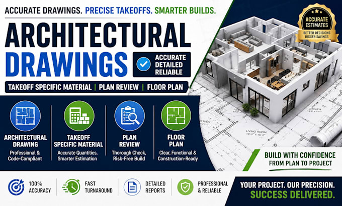 do architectural drawing, takeoff specific material, plan review, floor plan