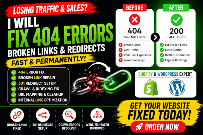 fix 404 errors, 301 redirects, boken links for shopify, websites, or wordpress