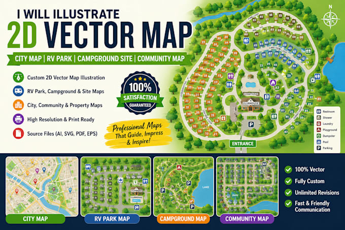 illustrate 2d vector map, city map, rv park campground site community map