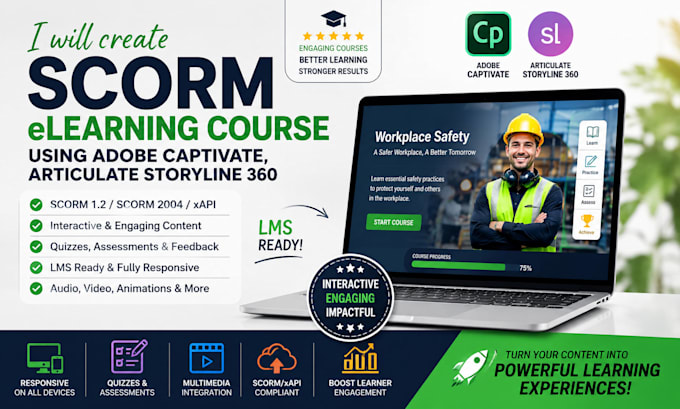 create scorm elearning course using adobe captivate, articulate storyline 360