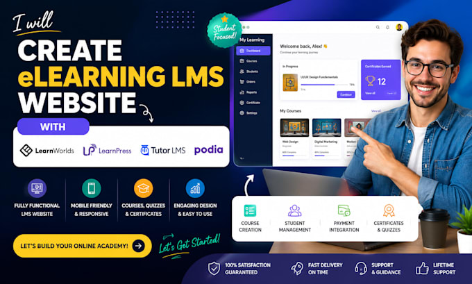 create elearning lms website with learnworlds, learnpress, tutorlms, podia