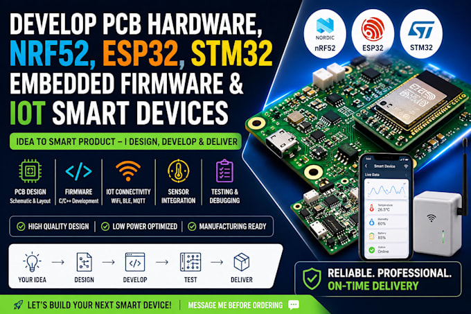 develop pcb hardware, nrf52 esp32 stm32 embedded firmware and iot smart devices