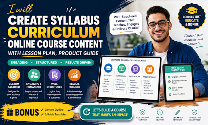 create syllabus curriculum online course content with lesson plan, product guide