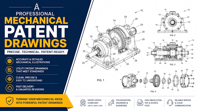create mechanical patent drawings and technical illustrations
