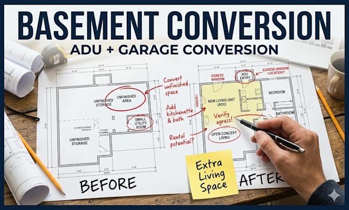 adu architectural plans and garage conversion layouts for basement conversion