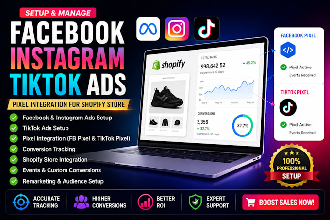 setup facebook ads instagram ads, tiktok ads pixel integration for shopify store