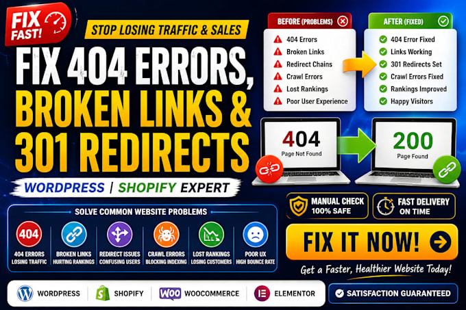 fix 404 errors, 301 redirects and broken links in wordpress or shopify