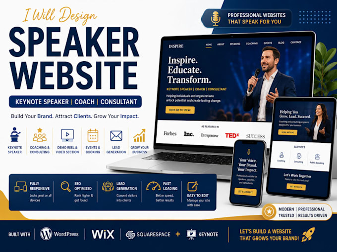 coaching website, consultant website, keynote speaker website in wordpress, wix
