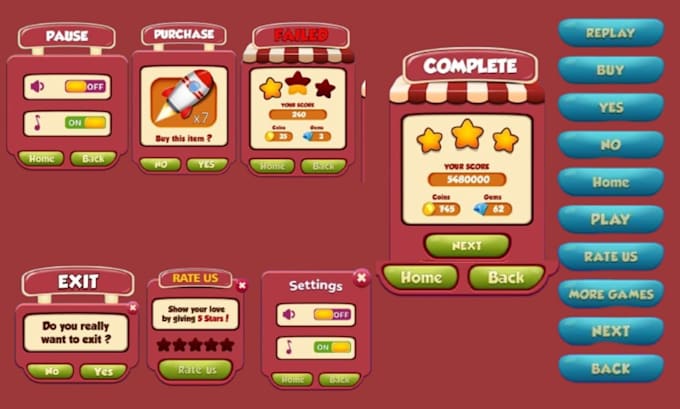 do pixel game art icons, UI, hud, gui, tile set, props, menu health bar screen