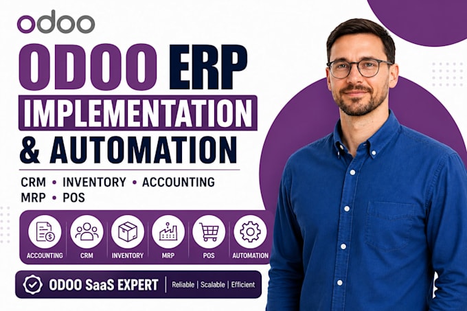 implement complete odoo erp accounting module, CRM, inventory, mrp and pos setup
