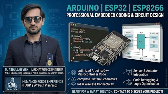 write arduino or esp32 code and design circuit schematics